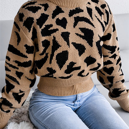 dunnmall  Leopard Print Crop Sweater, Casual Crew Neck Long Sleeve Sweater, Casual Tops For Fall & Winter, Women's Clothing