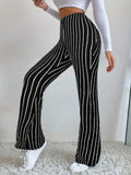 Striped Print Flared Leg Pants, Elegant Elastic Waist Slim Pants, Women's Clothing