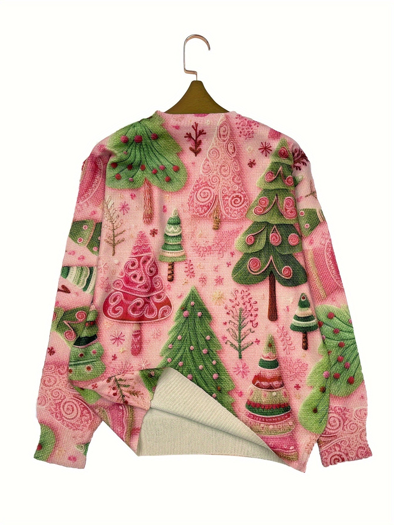 Women's Lightweight Christmas Tree Print Crew Neck Sweater - Casual Long Sleeve Knit Pullover, Soft Polyester & Spandex Blend, Non-Sheer, Perfect for All Seasons