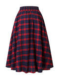 High Waist Button Plaid Ruffled Hem Skirt, Vintage Loose Stylish Midi Skirt, Women's Clothing