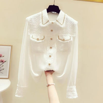 Women's Blouses Shirts Runway Designer Autumn Shirt Top Fashion Women Tweed Patchwork Chiffon Gold Single Breasted Tassel Weave