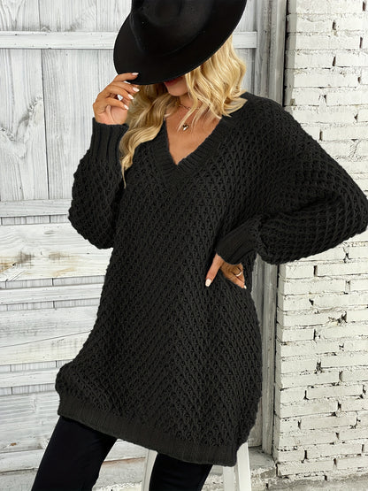 Solid Simple Knit Sweater, Casual V Neck Long Sleeve Solid Sweater, Women's Clothing