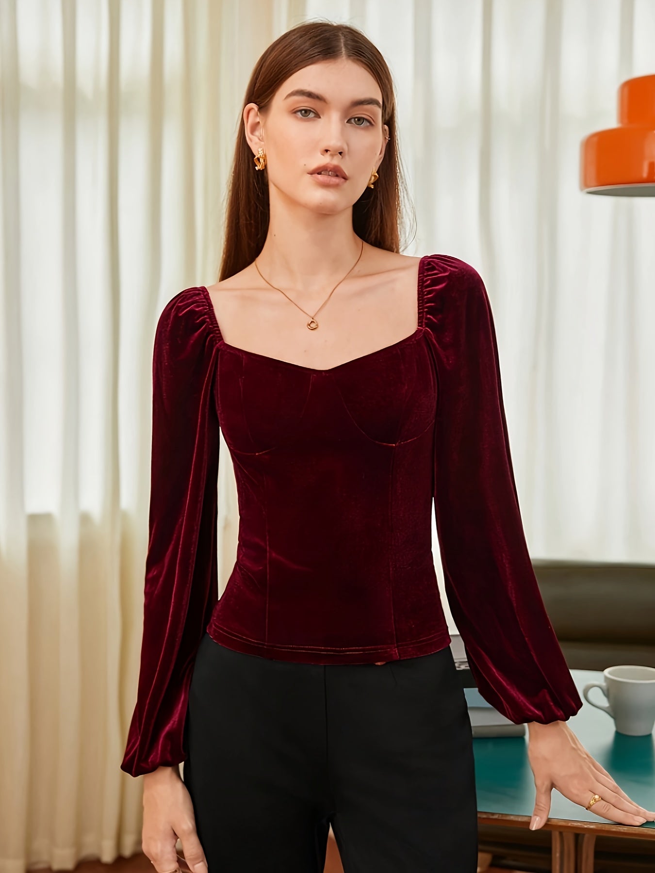 xieyinshe Solid Velvet Slim Top, Vintage Lantern Sleeve Top For Spring & Fall, Women's Clothing