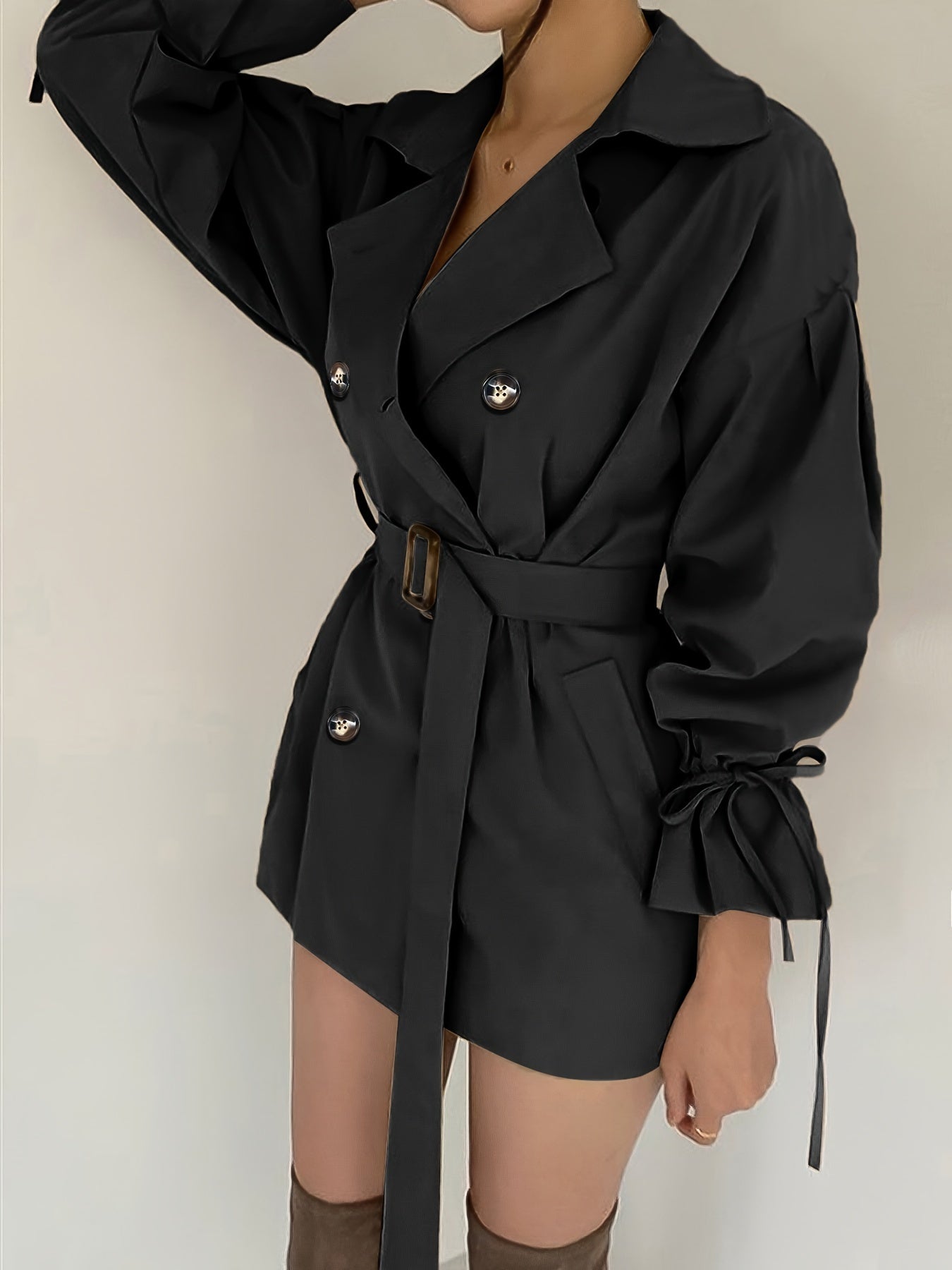 dunnmall Double Breasted Lapel Trench Coat, Elegant Solid Drawstring Long Sleeve Outerwear, Women's Clothing