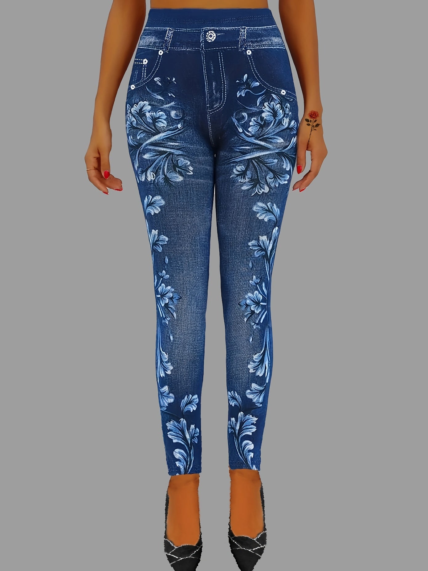 dunnmall  Floral & Denim Print Leggings, Skinny Casual Leggings, Women's Clothing