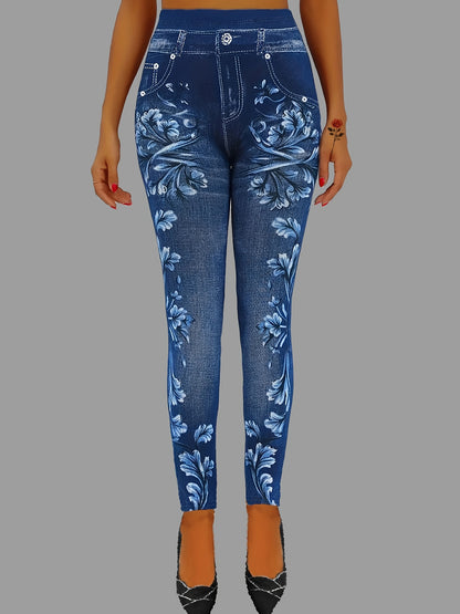 dunnmall  Floral & Denim Print Leggings, Skinny Casual Leggings, Women's Clothing