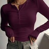dunnmall  Ribbed Button Front T-Shirt, Casual Long Sleeve Top For Spring & Fall, Women's Clothing