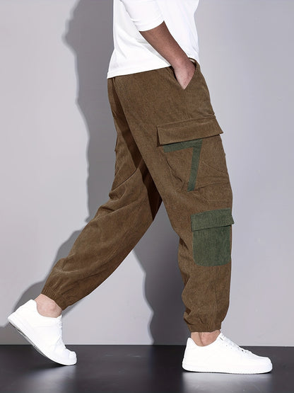 Trendy Corduroy Cargo Drawstring Pants, Men's Multi Flap Pocket Trousers, Loose Casual Outdoor Pants, Men's Work Pants Outdoors Streetwear Hip Hop Style