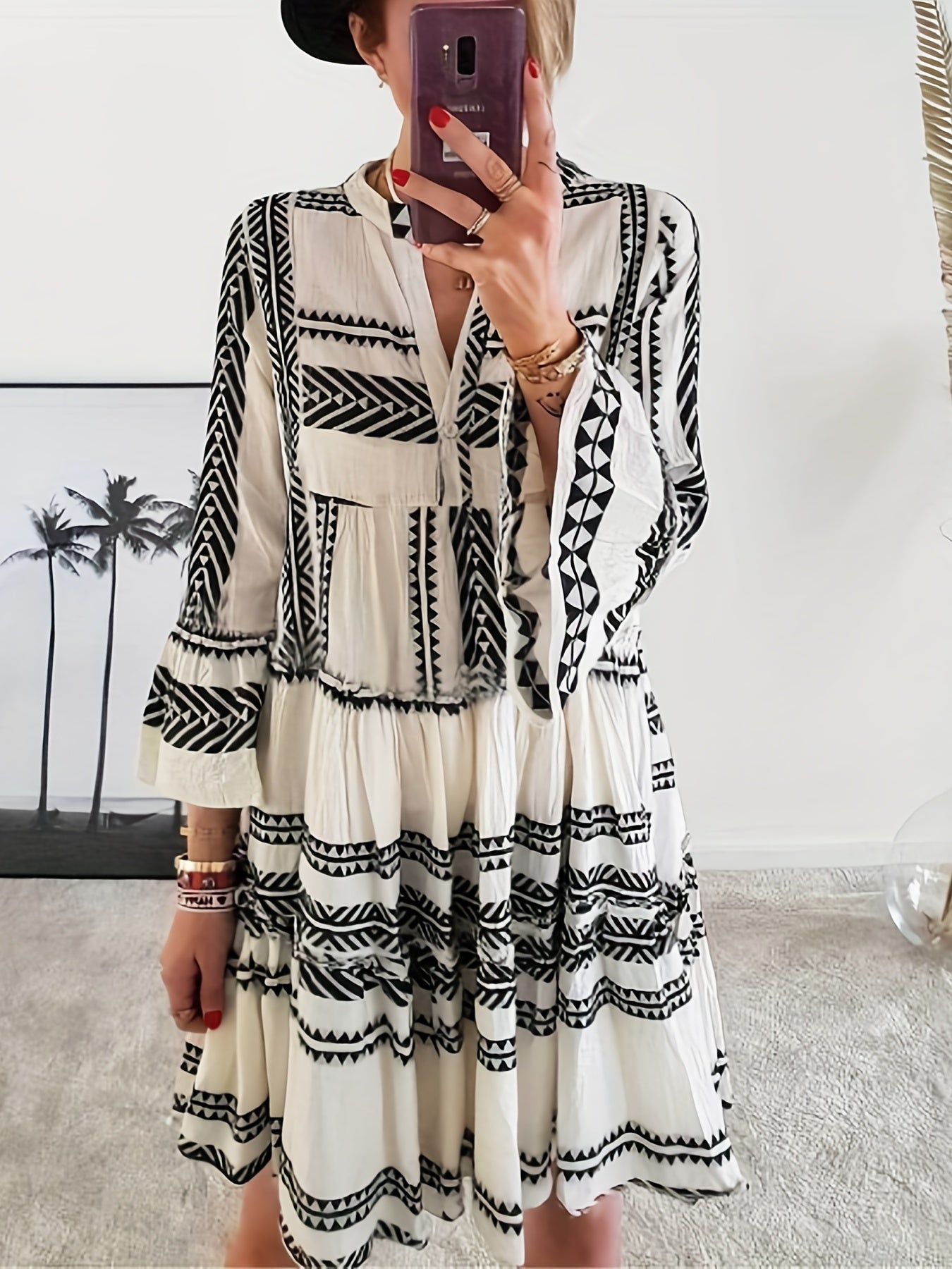 Tribal Print Dress, Vacation Pleated Flared Sleeve Dress, Women's Clothing