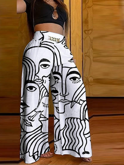 dunnmall  Abstract Face Print Pants, Casual Wide Leg High Waist Pants, Women's Clothing