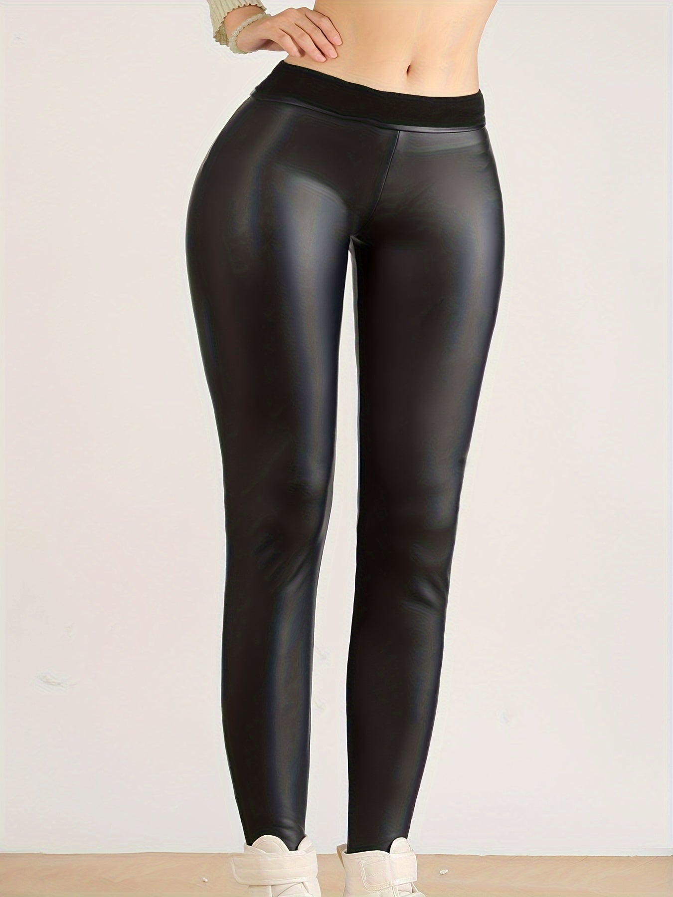 Women's High-Waist Fleece-Lined Faux Leather Leggings - Stretchy, Warm Workout Tights in Solid Colors