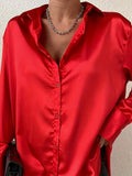 Solid Button Front Shirt, Casual Satin Long Sleeve Collar Shirt, Women's Clothing