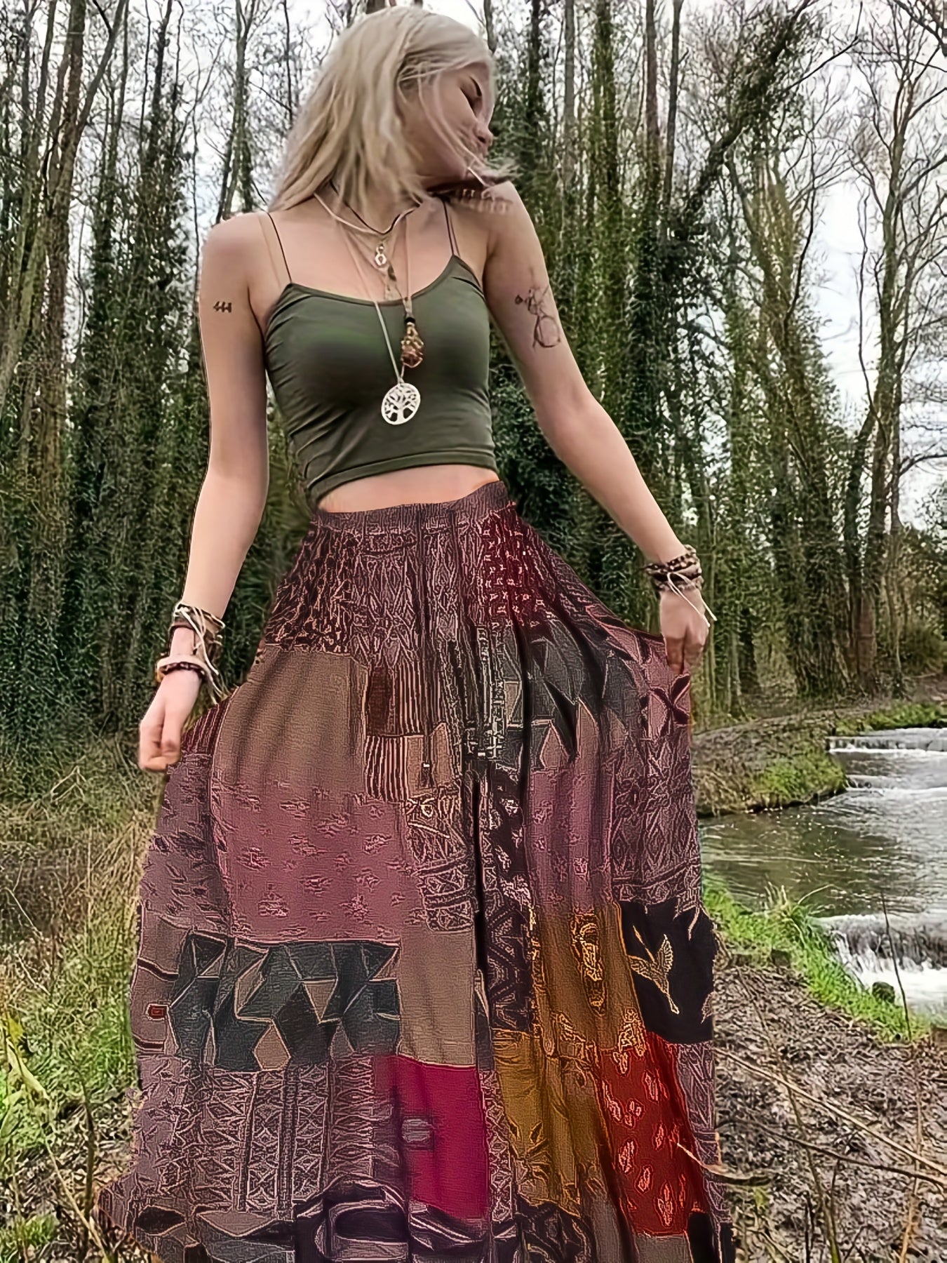 dunnmall  Hippie Patchwork Print Drawstring Skirt, Boho Skirt For Spring & Summer, Women's Clothing