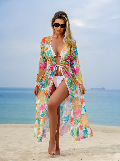 Tropical Print 3 Piece Set Bikini, Halter V Neck High Cut With Long Sleeves Cover Up Shirt Swimsuits, Women's Swimwear & Clothing