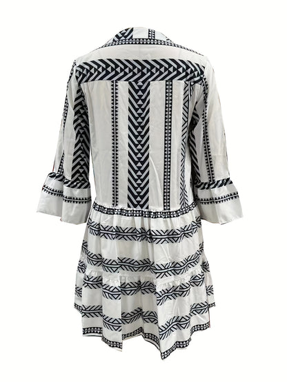 Tribal Print Dress, Vacation Pleated Flared Sleeve Dress, Women's Clothing