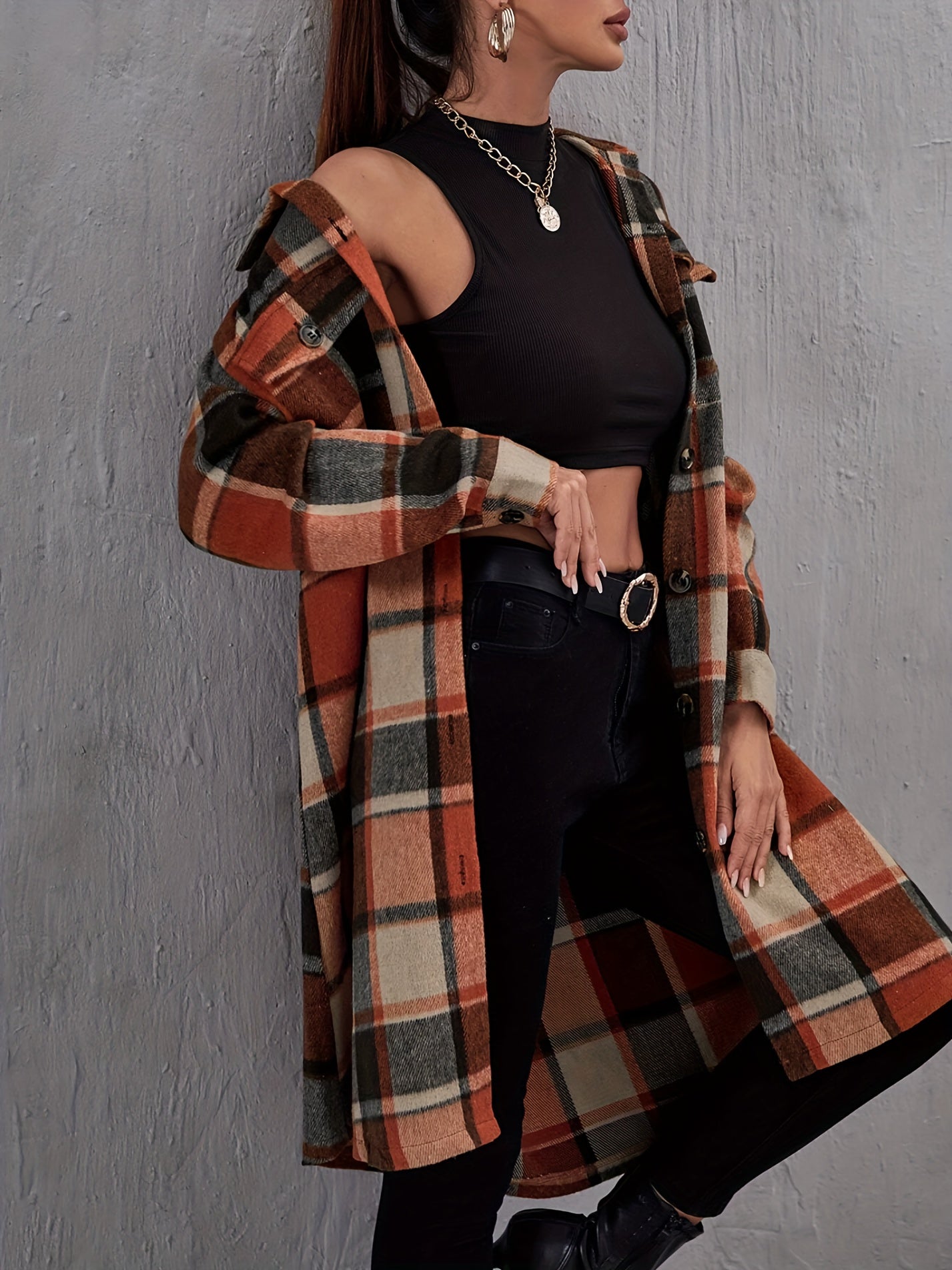 dunnmall Plaid Print Long Length Coat, Casual Button Front Long Sleeve Outerwear, Women's Clothing