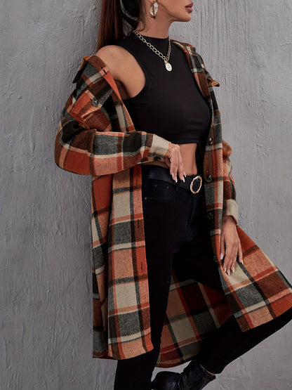 dunnmall Plaid Print Long Length Coat, Casual Button Front Long Sleeve Outerwear, Women's Clothing