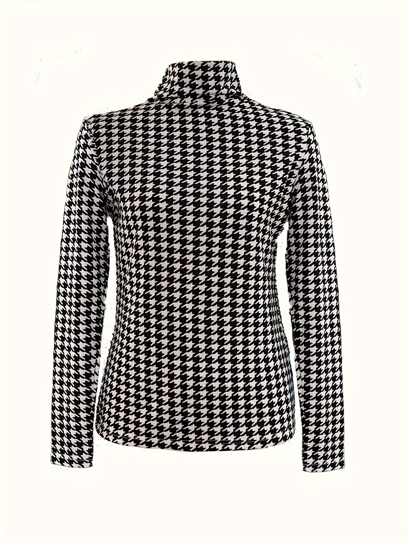 Houndstooth Print Turtleneck T-Shirt, Casual Long Sleeve Top For Spring & Fall, Women's Clothing