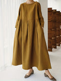 Solid Pleated Hem Maxi Dress, 3/4 Sleeve Loose Crew Neck Dress, Casual Dresses For Spring & Fall, Women's Clothing