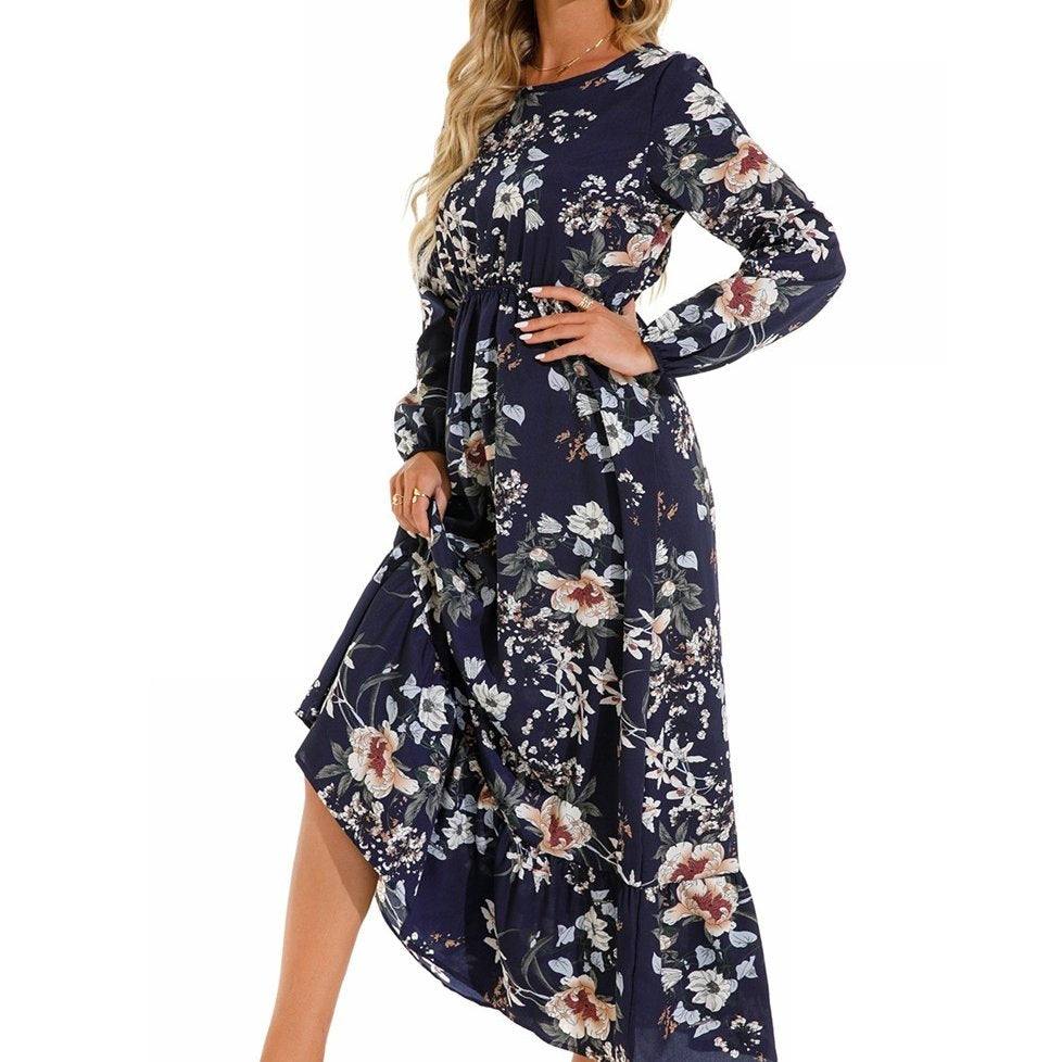 Floral Print Maxi Dress, Long Sleeve Loose Crew Neck Dress, Casual Dresses For Spring & Summer, Women's Clothing