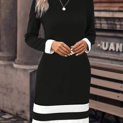 dunnmall Color Block Long Sleeve Dress, Casual Crew Neck A-line Knee Length Dress, Women's Clothing