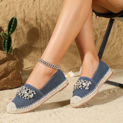 Womens Sparkling Rhinestone Denim Espadrilles - Comfortable Slip-on Loafers for Beach Vacations - Stylish Casual Fisherman Shoes, Resort Chic Style