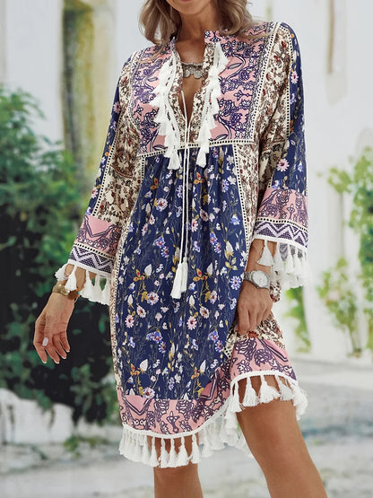 Tribal Floral Print Lace Trim Dress, Drawstring Long Sleeve High Waist Loose Dress, Women's Clothing