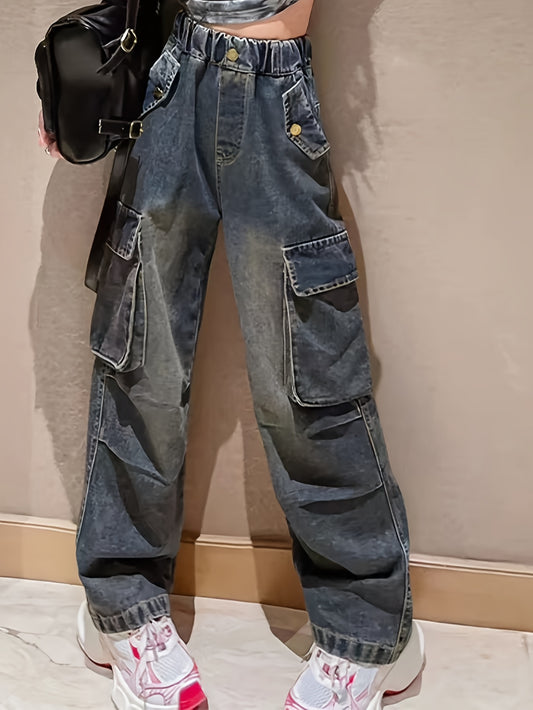 dunnmall  Y2K Girls Loose Cargo Jeans Everyday All-match Casual Denim Pants For Street Style