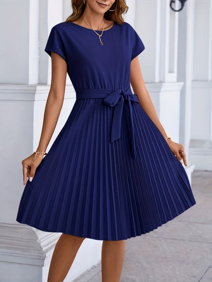 dunnmall  Pleated Tie Front Dress, Casual Solid Short Sleeve Dress For Spring & Summer, Women's Clothing