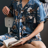 Men's Ice Silk Cool Pajamas Set For Summer, Thin Short Sleeve Leaves Flower Animal Print Graphic Button Pocket Shirt Top & Shorts Pants Bottom, Casual Fashion Cardigan Men's Loungewear Sleepwear Homewear Set