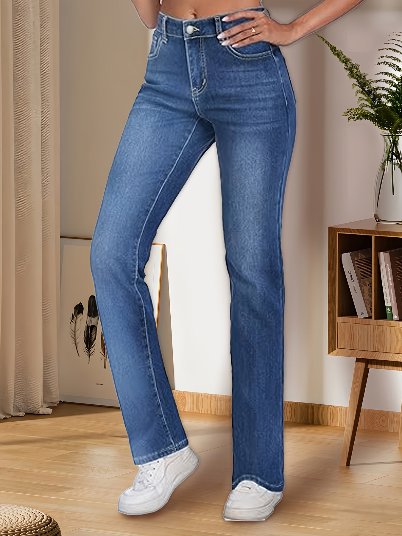 dunnmall  High Waist Warm Winter Straight Jeans, High-stretch Fleece Liner Comfortable Denim Pants, Women's Denim Jeans & Clothing