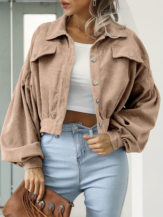 Casual Corduroy Crop Jacket, Lapel Lantern Long Sleeve Fashion Loose Crop Outerwear, Women's Clothing