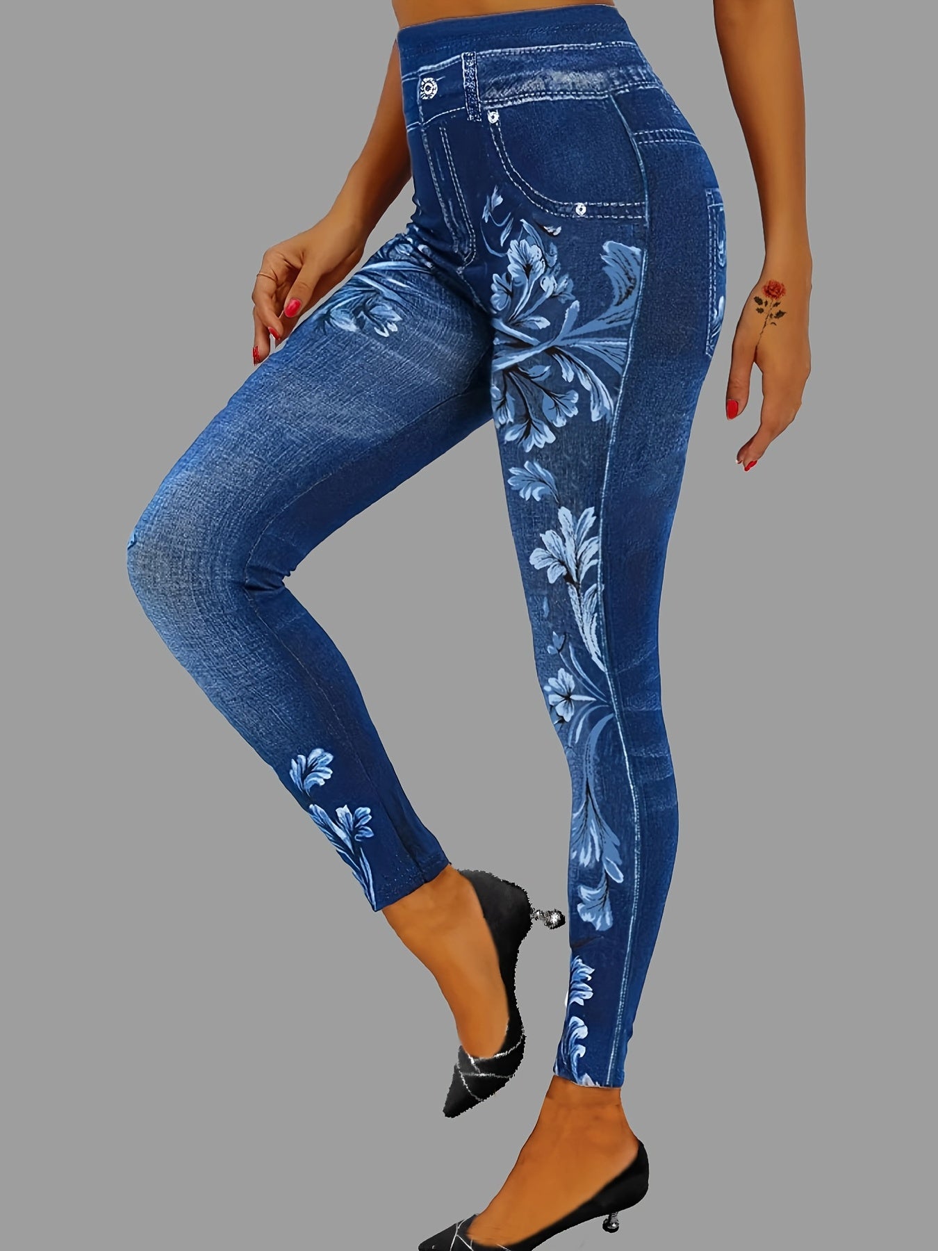 dunnmall  Floral & Denim Print Leggings, Skinny Casual Leggings, Women's Clothing