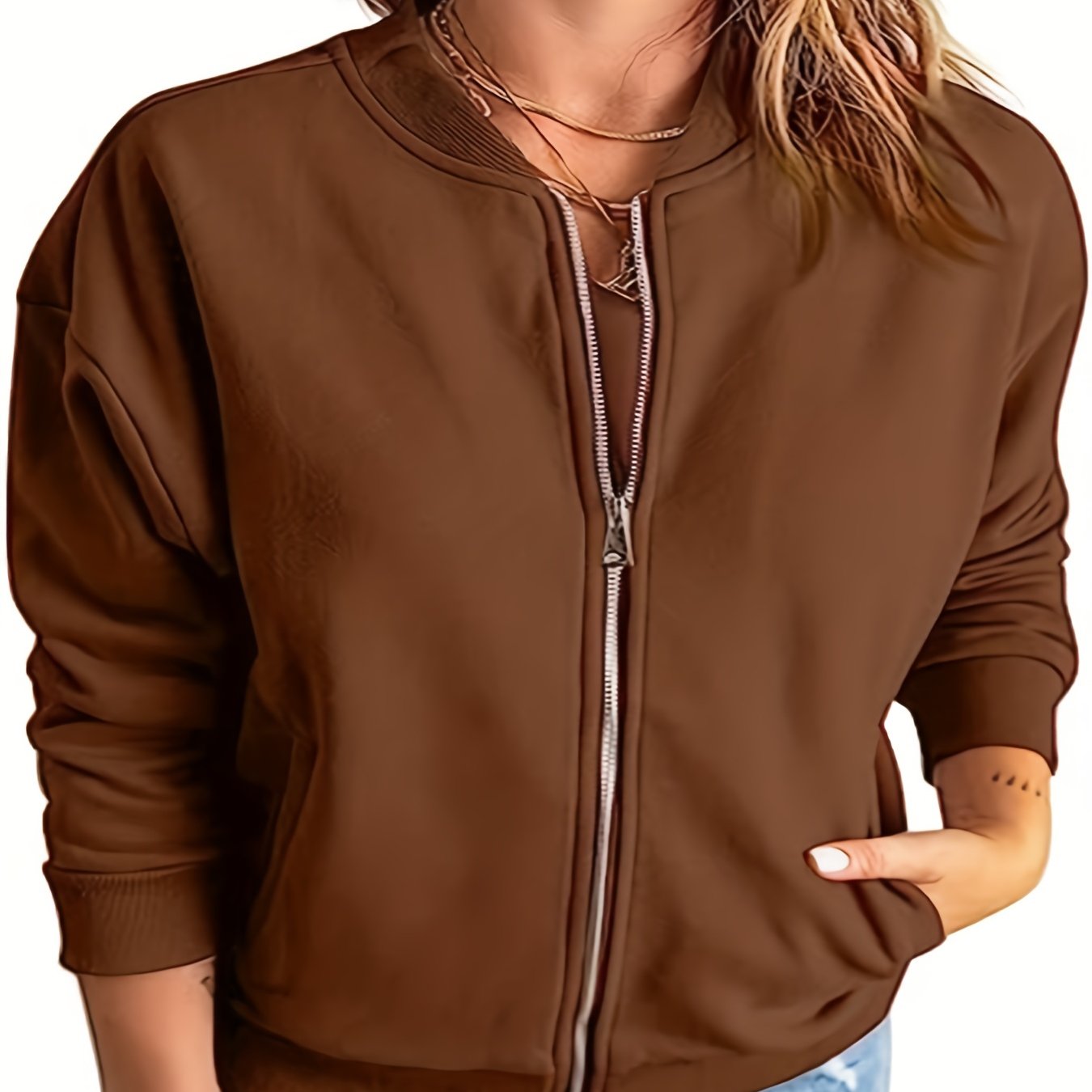 Plus Size Sporty Jacket, Women's Plus Solid Long Sleeve Zipper Jacket With Pockets