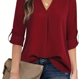 dunnmall  Solid Simple Blouse, Casual V Neck Long Sleeve Blouse, Women's Clothing