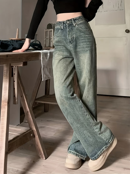 dunnmall  Vintage Wide Leg Jeans, Slant Pocket Loose Stylist Streetwear Baggy Denim Pants, Women's Denim Jeans & Clothing