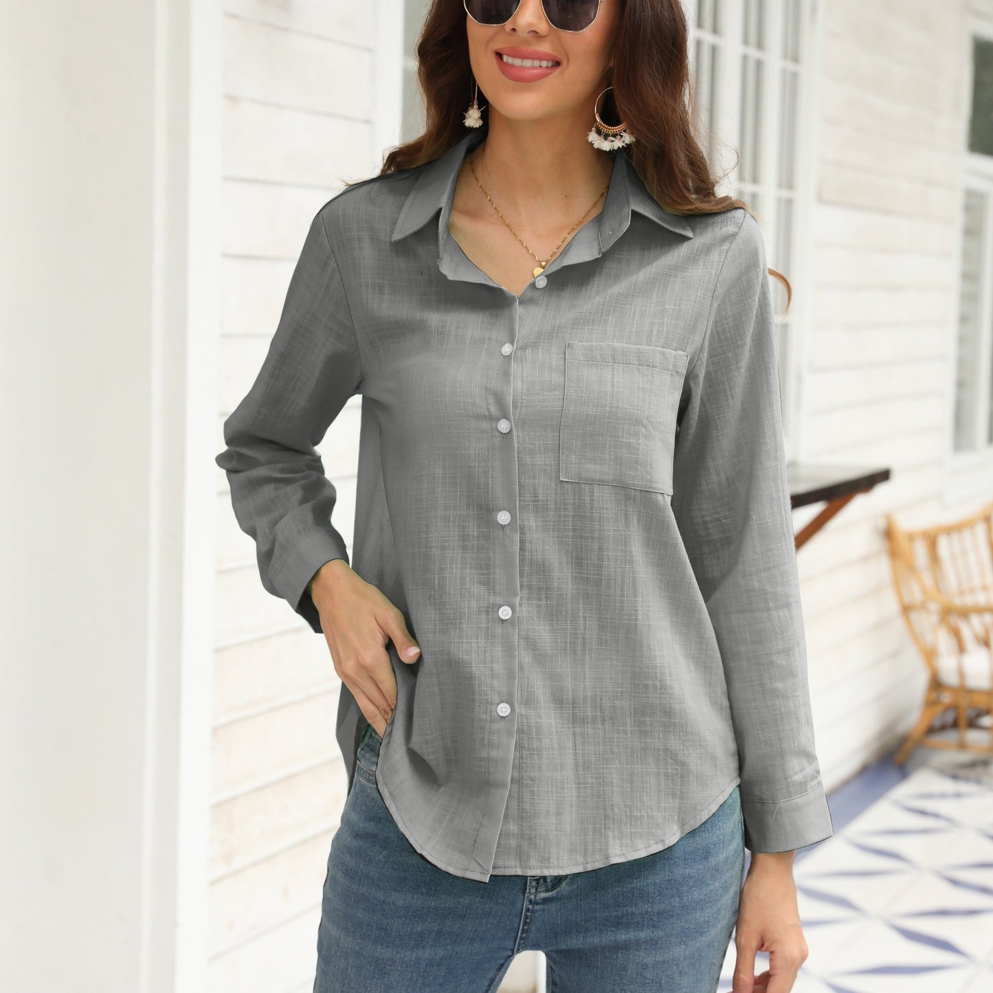 Long Sleeve Button Up Shirt, Pocket Casual Every Day Top For Spring & Fall, Women's Clothing