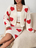 Heart Pattern Sweater Two-piece Set, Open Front Long Sleeve Cardigan & Knitted Bag Hip Skirts Outfits, Women's Clothing