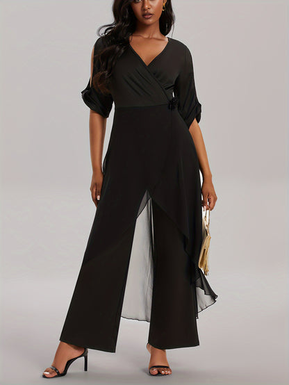 Solid V-neck Cut Out Jumpsuit, Elegant Asymmetrical Hem Jumpsuit For Spring & Fall, Women's Clothing