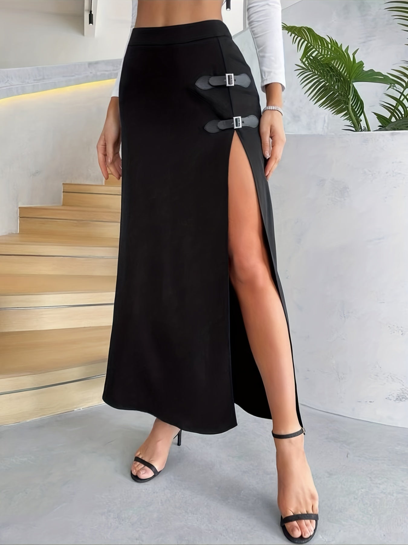 dunnmall  Solid High Waist Skirt, Sexy Buckled Split Skirt For Spring & Summer, Women's Clothing