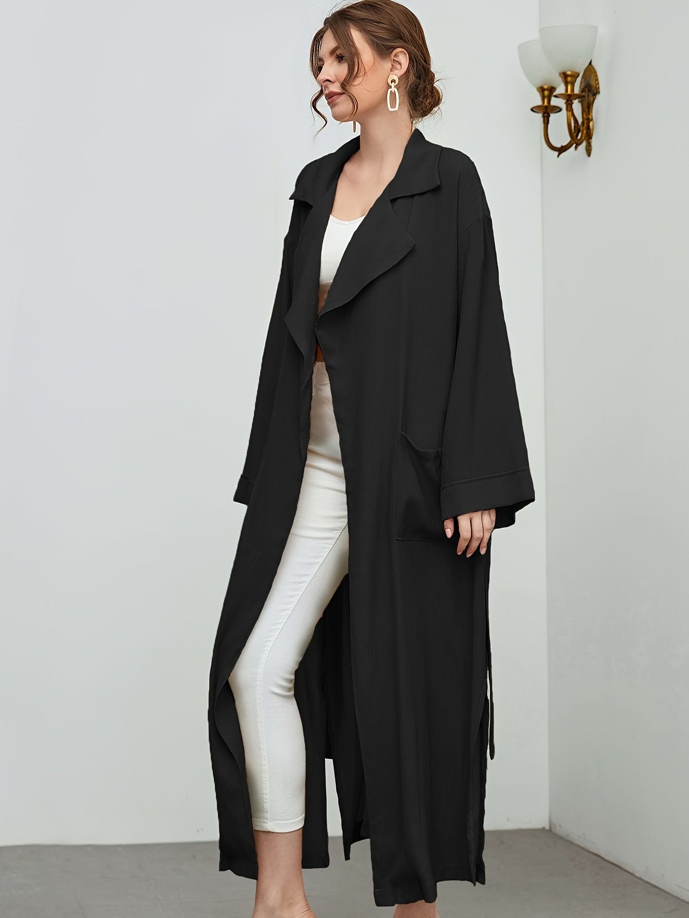 Long Length Solid Coat, Casual Long Sleeve Versatile Open Front Outerwear, Women's Clothing