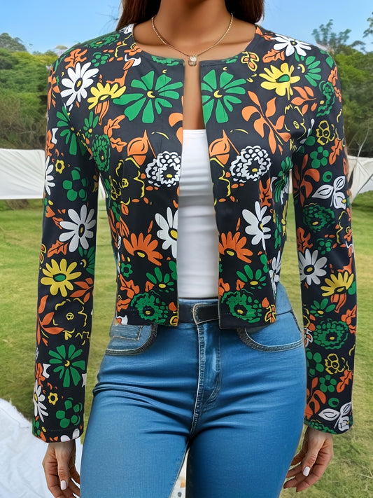 Floral Print Open Front Crop Jacket, Casual Long Sleeve Crop Outwear, Women's Clothing