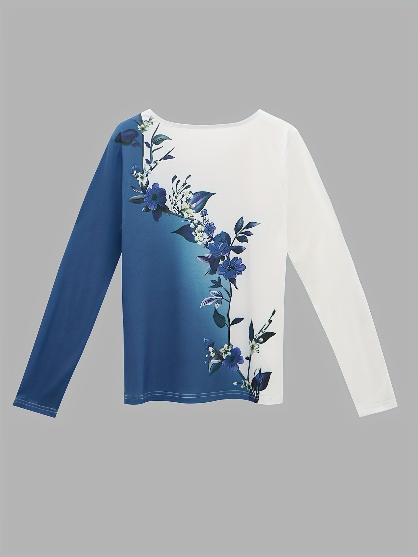 Floral Print Color Block T-shirt, Casual Asymmetrical Neck Long Sleeve T-shirt, Women's Clothing