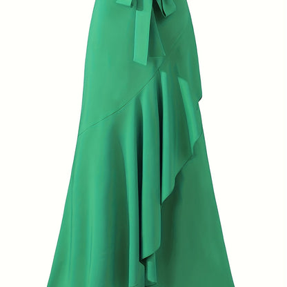 Plus Size Elegant Skirt, Women's Plus Tie Front Ruffle Trim Wrap Hem Solid Maxi Skirt