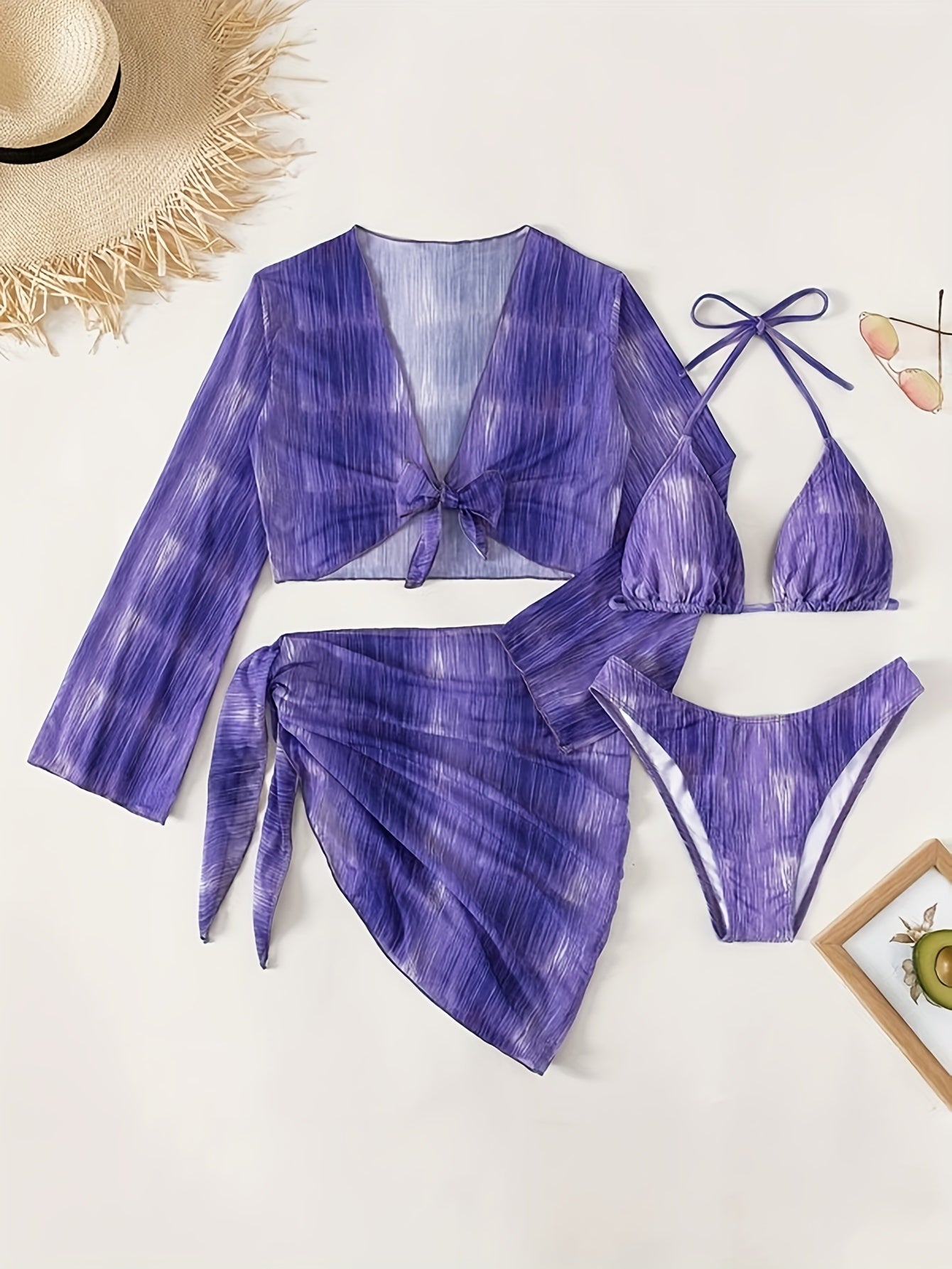 Tie Dye 4 Piece Set Bikini, Halter V Neck High Cut With Long Sleeves Cover Up Shirt & Skirt Swimsuits, Women's Swimwear & Clothing