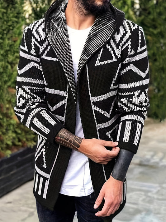 Elegant Slightly Stretch Ethnic Retro Cardigan, Men's Casual Vintage Style V Neck Cardigan Sweater Coat For Fall Winter