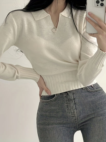 dunnmall  Solid Notched  Collar Pullover Sweater, Casual Long Sleeve Crop Sweater For Spring & Fall, Women's Clothing