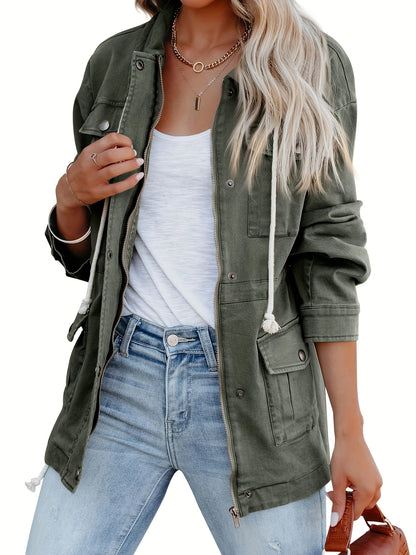 Button Flap Pockets Drawstring Jacket, Casual Long Sleeve Jacket For Fall & Winter, Women's Clothing