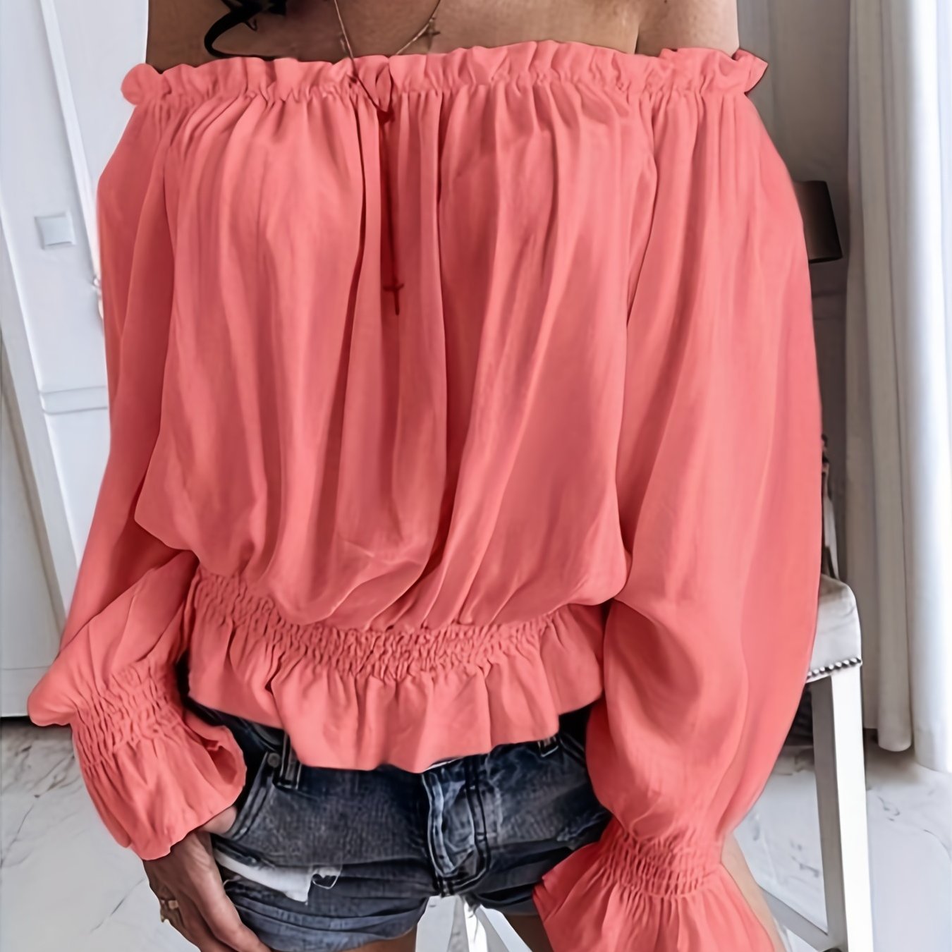 Off Shoulder Ruffle Trim Blouse, Casual Long Sleeve Blouse For Spring & Fall, Women's Clothing