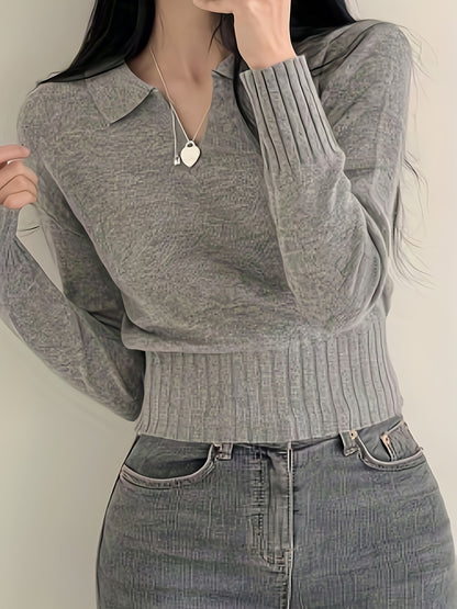 dunnmall  Solid Notched  Collar Pullover Sweater, Casual Long Sleeve Crop Sweater For Spring & Fall, Women's Clothing